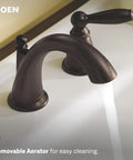Heavy Duty Two Handle Widespread Bathroom Sink Faucet With Rich Oil Rubbed Bronze Finish showcasing removable aerator and water flow.