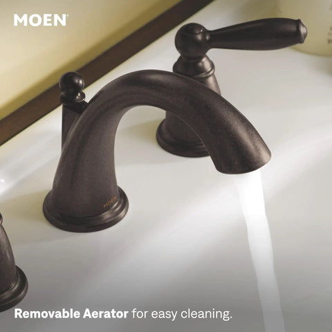 Heavy Duty Two Handle Widespread Bathroom Sink Faucet With Rich Oil Rubbed Bronze Finish showcasing removable aerator and water flow.