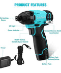 12V Cordless Impact Driver Kit With 885 In Lbs Torque For Quick Smooth Tackling Of Tough Jobs Variable Speed 0 2400 RPM LED Light 11 Screwdriver Bits 3 Nut Driver Bits Tool Bag Battery And Charger Included showcasing product features