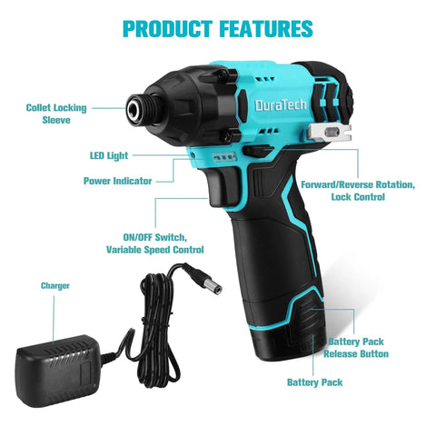 12V Cordless Impact Driver Kit With 885 In Lbs Torque For Quick Smooth Tackling Of Tough Jobs Variable Speed 0 2400 RPM LED Light 11 Screwdriver Bits 3 Nut Driver Bits Tool Bag Battery And Charger Included showcasing product features