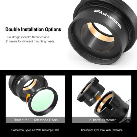 2 Inch To 1.25 Inch Eyepiece Adapter For Telescopes Twist Lock Metal Construction with dual installation options displayed