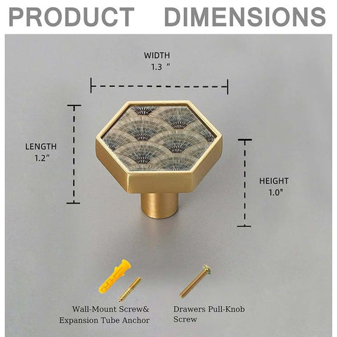 4 Pack Hexagonal Cabinet Knobs Set In Solid Brass With Brushed Gold Finish, Art Deco Fan Mosaic Pattern dimensions and screws