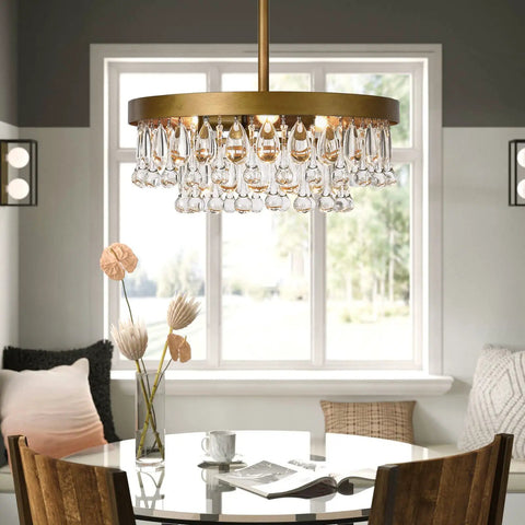 Modern Black Crystal Raindrop Chandelier Dope Round Tiered Pendant Light Fixture For Entryway Kitchen And Closet 1 Light 40W E12 Small Pendant 12 Inch Diameter 6 Inch High With Clear Crystal Droplets hanging in dining room