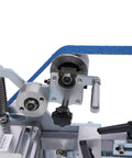 Close-up of Heavy Duty 550W Desktop Belt Sander And 110V Bench Polisher Rugged Steel Frame with speed control mechanism.