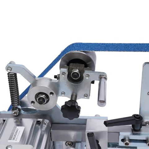 Close-up of Heavy Duty 550W Desktop Belt Sander And 110V Bench Polisher Rugged Steel Frame with speed control mechanism.