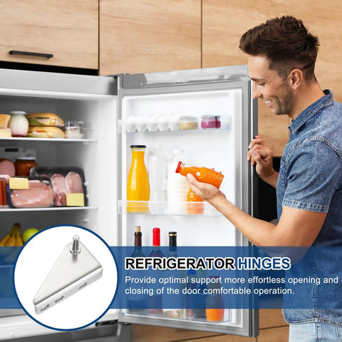 Stainless Steel Freezer Door Hinge Set Two Pack Outer Column Left Shaft 1.38 Inch Distance Replacement For Refrigerator Includes 6 Screws And 4 Bushings Heavy Duty Easy Install No Fuss shown next to an open fridge with person.