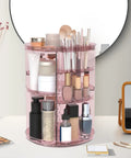 Pink Eight Height Adjustable Spinning Makeup Organizer With 360 Degree Spin Cosmetic Display Carousel on vanity