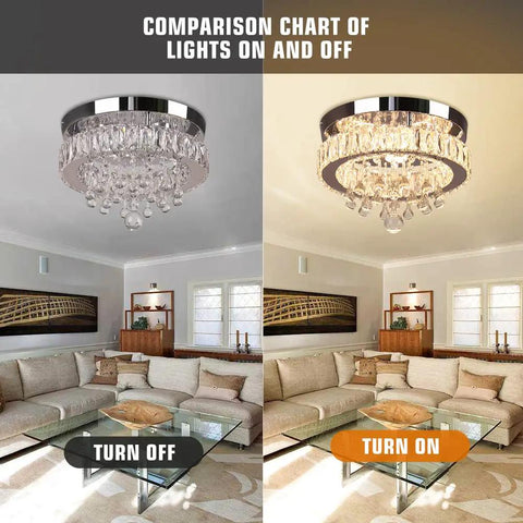 Small Crystal Chandelier LED Ceiling Light Flush Mount for Dining Room with lights on and off comparison