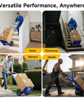 Powerful Electric Stair Climbing Dolly With Eight Hundred Eighty Pound Capacity used for moving boxes in home and warehouse settings.