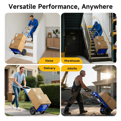 Powerful Electric Stair Climbing Dolly With Eight Hundred Eighty Pound Capacity used for moving boxes in home and warehouse settings.