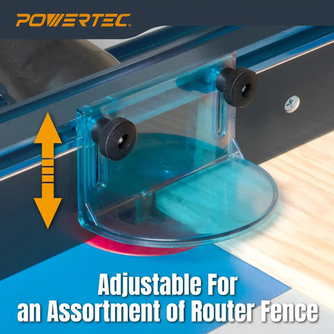 Full Size Router Bit Guard Kit With Mounting Hardware For Router Tables And Fence, shown in use on a wooden surface