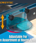 Adjustable Router Table Bit Guard Kit With Knockout T Slot Brackets And Quick Grip Knobs close-up of height-adjustable blue acrylic shield