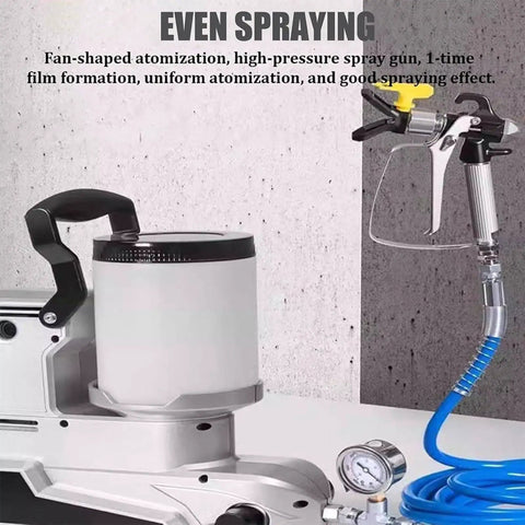 Killer 1600W Airless Paint Sprayer With Sixteen Foot Hose, close-up of high-pressure spray gun and material container.
