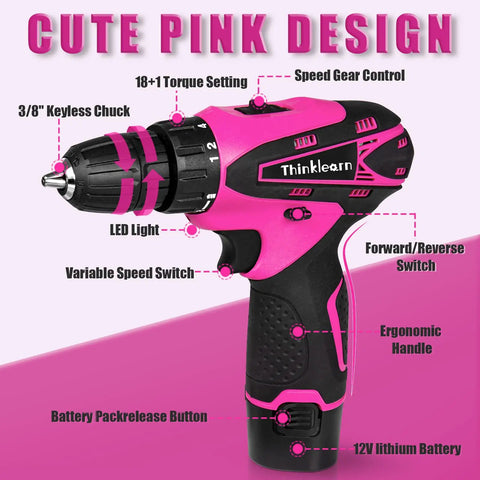 Pink Drill Set For Women 137 Piece Home Tool Kit With 12V Cordless Drill Charger Battery Hammer Tape Measure Wrenches Pliers