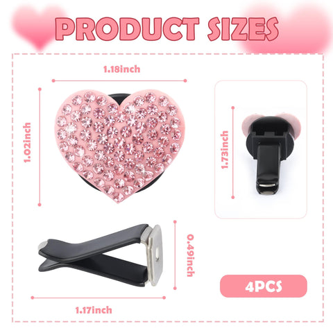 Heart Shaped Car Vent Clips With Rhinestones Bling Air Vent Decorations For Cars Trucks And SUVs Pink 4 Pack sizes displayed