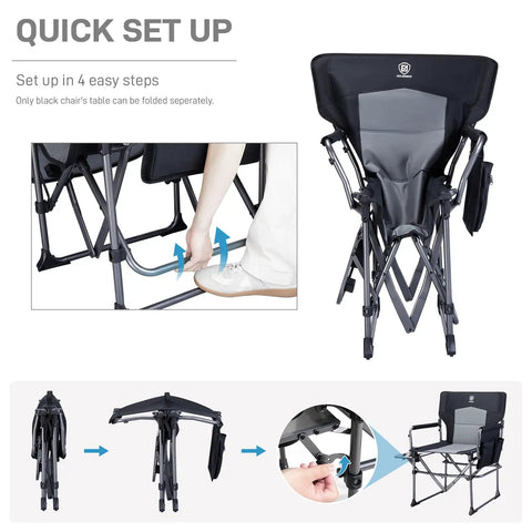 Collage showing setup of Compact Foldable Camping Directors' Chair With Side Table And Pocket, Black, highlighting folding mechanism.
