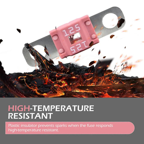 Heavy Duty 3 Pack 125A Midi High Current Fuses Rock Solid Automotive Bolt On Kit Flat Plate, showcasing fuse with high-temperature resistant insulator.