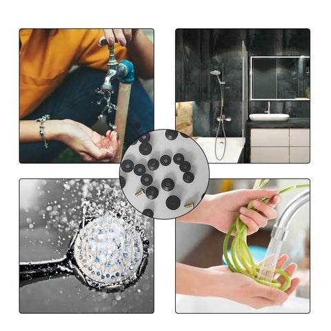 Faucet Washers Assortment Kit With Flat And Beveled Rubber Washers, Brass Bibb Screws, And Multi Size Stem Washers For Outdoor Faucets, Comprehensive Repair Kit To Stop Leaks And Replacements shown in use on different faucets.