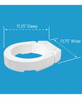 Hinged Round Raised Toilet Seat Riser With 3.5 Inch Lift, 17.25" deep, 13.75" wide, shown on blue background