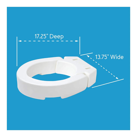 Hinged Round Raised Toilet Seat Riser With 3.5 Inch Lift, 17.25" deep, 13.75" wide, shown on blue background