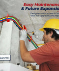 ColumPRO Cable Chase Wire Brackets 20 Pack Heavy Duty NM Cable Organizers used on wall with colorful cables secured for neat electrical layout.
