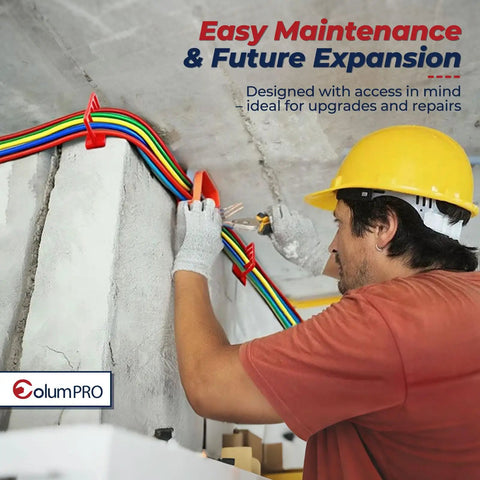 ColumPRO Cable Chase Wire Brackets 20 Pack Heavy Duty NM Cable Organizers used on wall with colorful cables secured for neat electrical layout.