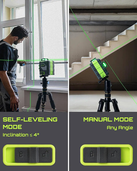 3x360 Degree Green Laser Level With 3D Self-Leveling Cross Lines set on tripod in self-leveling and manual modes indoors