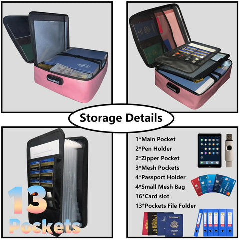 Pink Fireproof And Waterproof Document Organizer Box With Lock For Important Papers, Multi Layer Safe Storage For Home And Travel