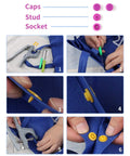 All In One Snap Fastener Kit With Pliers, 400 Sets In 24 Colors Plastic Snaps For Clothing, shown with blue fabric application