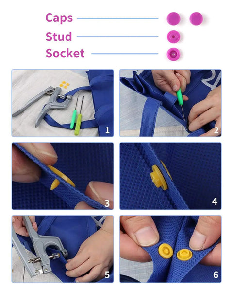 All In One Snap Fastener Kit With Pliers, 400 Sets In 24 Colors Plastic Snaps For Clothing, shown with blue fabric application