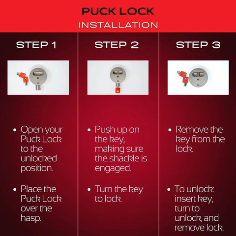 Installation guide for Heavy Duty Puck Lock in Stainless Steel for Padlock Replacement, showing steps for securing the lock.
