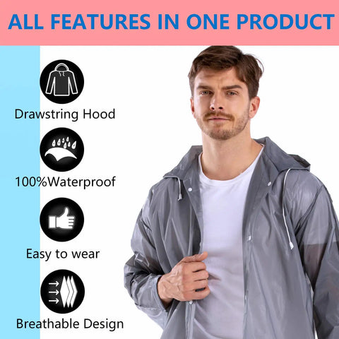 Man wearing Heavy Duty Reusable Rain Ponchos For Adults 2 Pack With Hooded Design Impermeable Rain Coat For Men And Women Drawstring