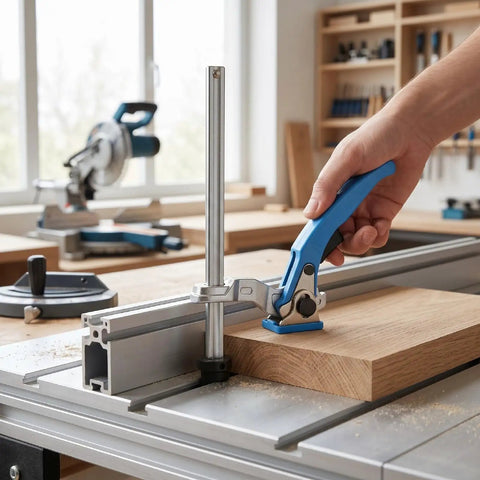 Beast Bench Dog Clamps For MFT Tables With Quick Ratchet Mechanism holding wood on workbench
