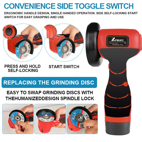 Cordless Angle Grinder Kit With 19500 RPM, Two 16.8V 2000mAh Batteries, Six Cutting Discs, and Fast Charger, Portable Handheld Grinder