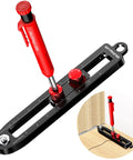 Slick Aluminum Alloy Scriber Tool With Dual Purpose Woodworking Compass And Circle Marking Gauge Showing Dead On Scale Readings And Secure Twist Lock Knobs Plus Six Tough Carpenter Pencil Refills, close-up view with red knobs and scribe pin.