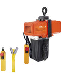 VEVOR electric chain hoist, 1100 lb capacity, orange unit with G100 chain and yellow control pendant