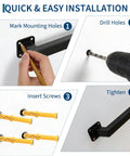 Quick installation steps for Heavy Duty Ten Foot Black Metal Stair Railings Indoor And Outdoor featuring sturdy wall mounting.
