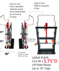 Heavy Duty Hydraulic Equipment Mover With Flow Back Handle Set Of 2, 4,000 Lb Capacity, Large Loading Plate 23.6 Inch By 5.75 Inch, Four Polyurethane Wheels shown with labeled dimensions and construction details