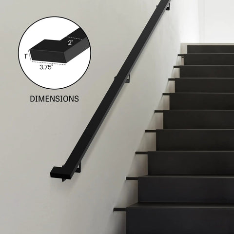 Heavy Duty Aluminum Stair Railing DIY Kit With Sweet Matte Black Coating And No Sweat Adjustable Wall Mount Brackets For Effortless Indoors Or Outdoors Upgrades Spanning Six Feet, showing dimensions on wall.