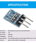 AMS1117 3.3V DC To DC Buck Regulator Module with LED indicator showing input-output pins and specifications