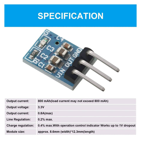 AMS1117 3.3V DC To DC Buck Regulator Module with LED indicator showing input-output pins and specifications