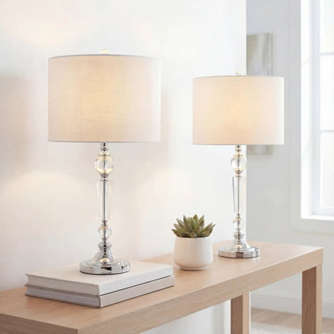 Clear Crystal Table Lamp Set Of 2, 29 And A Half Inch Tall Modern Glam Candlestick Lamps With Chrome Bases And White Linen Drum Shades