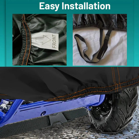 Close-up of Go Kart Cover Universal Fit For 2 Seater Go Karts 67 X 45 X 4 Inches with strap and direction label.