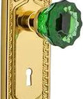 Egg And Dart Plate With Keyhole Crystal Emerald Glass Door Knob In Unlacquered Brass Privacy 2.75 Backset Complete Two Sided Door Hardware Set For One Door Vintage Style Bedroom Or Bathroom Privacy Lock