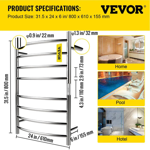 8 Bar Curved Heated Towel Rack With Super Sleek Mirror Polished Stainless Steel Finish Built In Timer Wall Mounted Towel Warmer For Bathroom Plug In Or Hardwired UL Certified Silver with product dimensions and usage illustrations.
