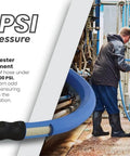 Blue rubber garden hose, 5/8 in x 25 ft, braided polyester reinforcement, metal fittings; shown with worker using it.