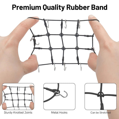 Trail Ready RC Crawler Accessories Kit luggage net with metal hooks and knotted rubber shown stretched in hands.