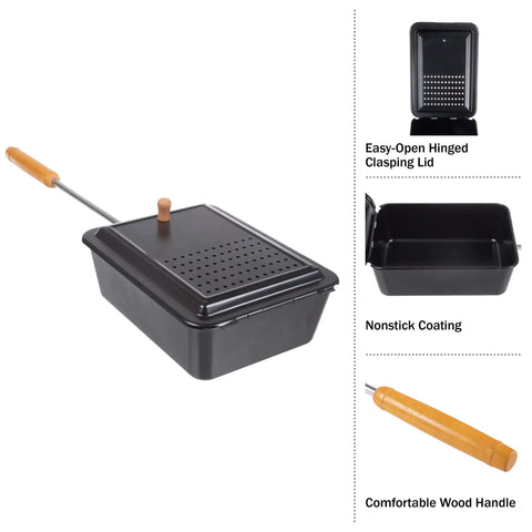 Campfire Popcorn Popper For Open Flame Cooking With Nonstick Finish And Extended Handle, shown with wooden handle and nonstick lid