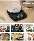 Awesome Compact Digital Food Scale For Cooking And Baking Small Kitchen Scale In Grams And Ounces Stainless Steel Tare Function Backlit LCD Display Space Saving Black with multiple uses shown in grid view.