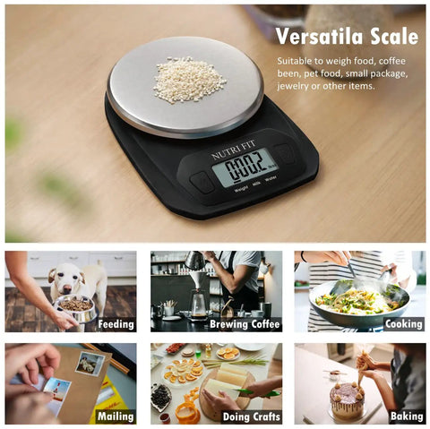 Awesome Compact Digital Food Scale For Cooking And Baking Small Kitchen Scale In Grams And Ounces Stainless Steel Tare Function Backlit LCD Display Space Saving Black with multiple uses shown in grid view.